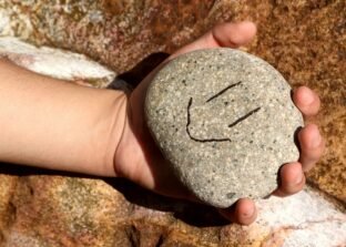 a hand holding a rock with a smiley face drawn on it